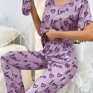 Love Print Pajama Set Size Medium Purple Women’s